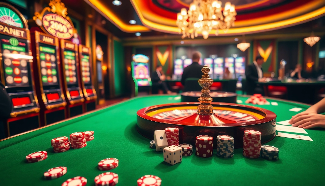 Joueurs de casino fiable en ligne profitant d'un jeu en ligne dynamique, jetons de poker et roues de roulette.