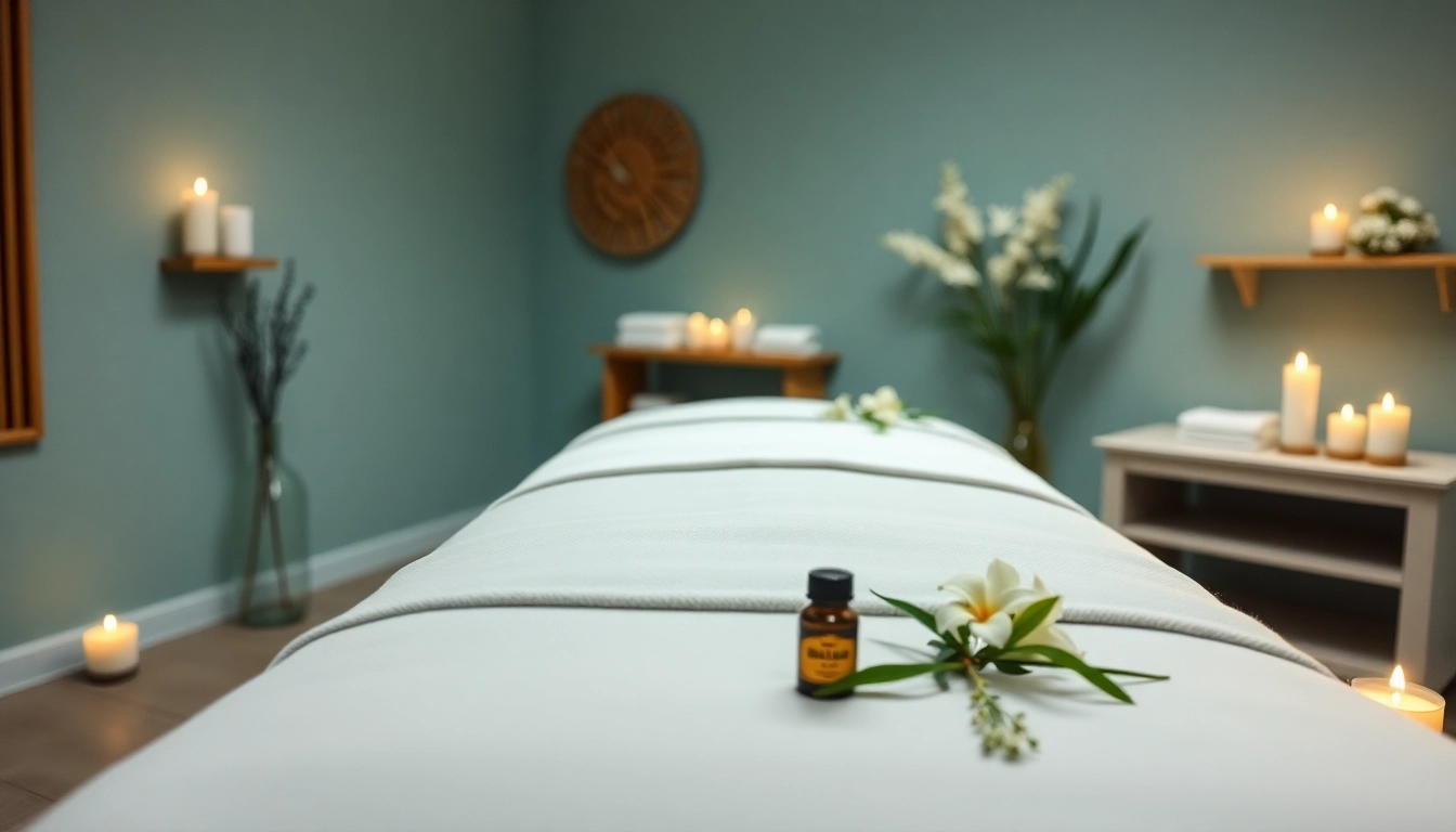 편안한 요소와 고급 린넨이 있는 스웨디시 마사지 치료 환경.
