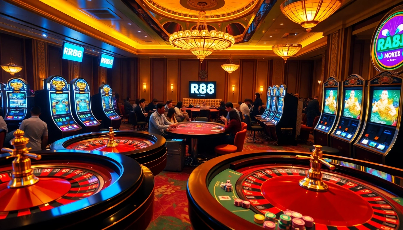 Experience the thrill of RR88 in a vibrant casino scene with roulette and poker tables.