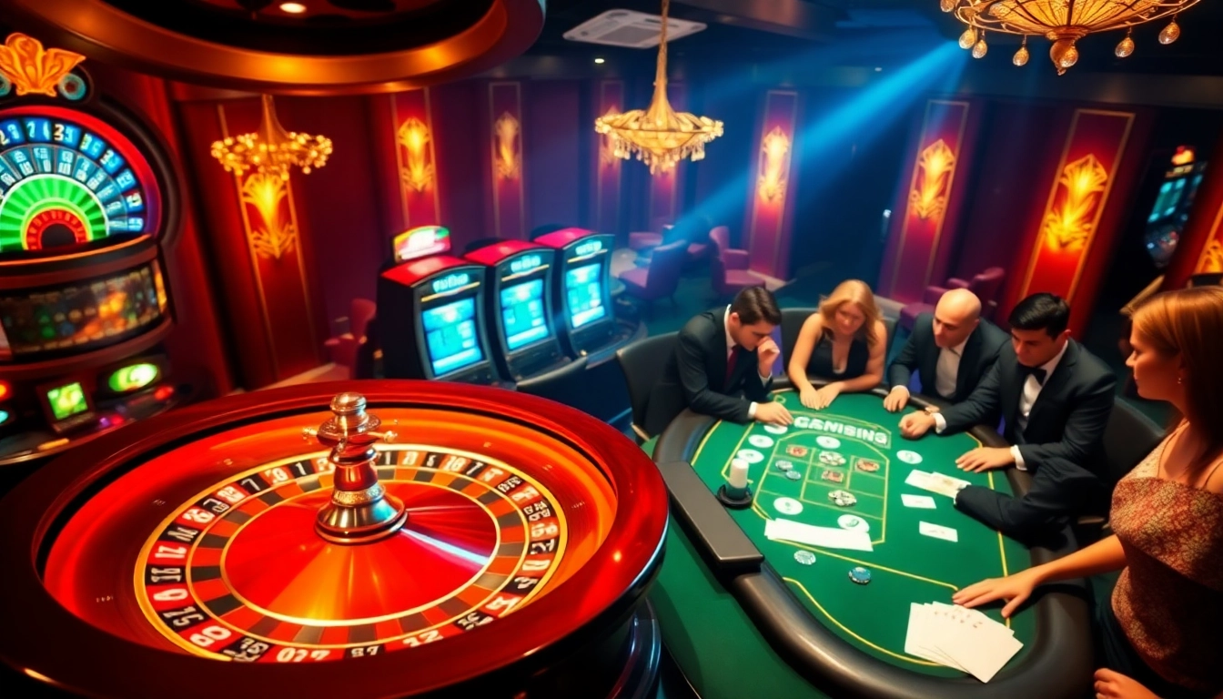 Scène captivante d'un casino fiable en ligne avec des joueurs à une table de poker et des machines à sous, mettant en avant des activités de jeu vibrantes.