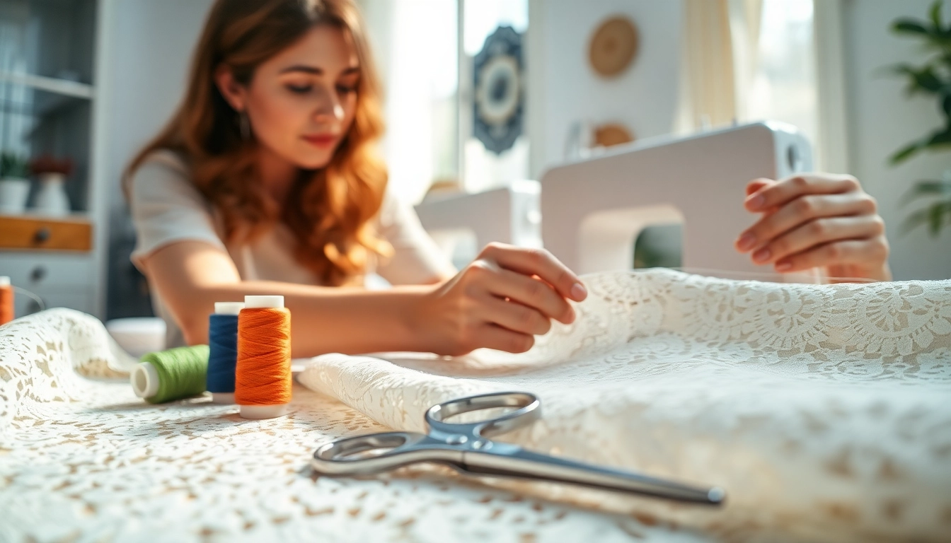 Kant stof kopen: A seamstress showcasing delicate lace fabric in a bright studio.