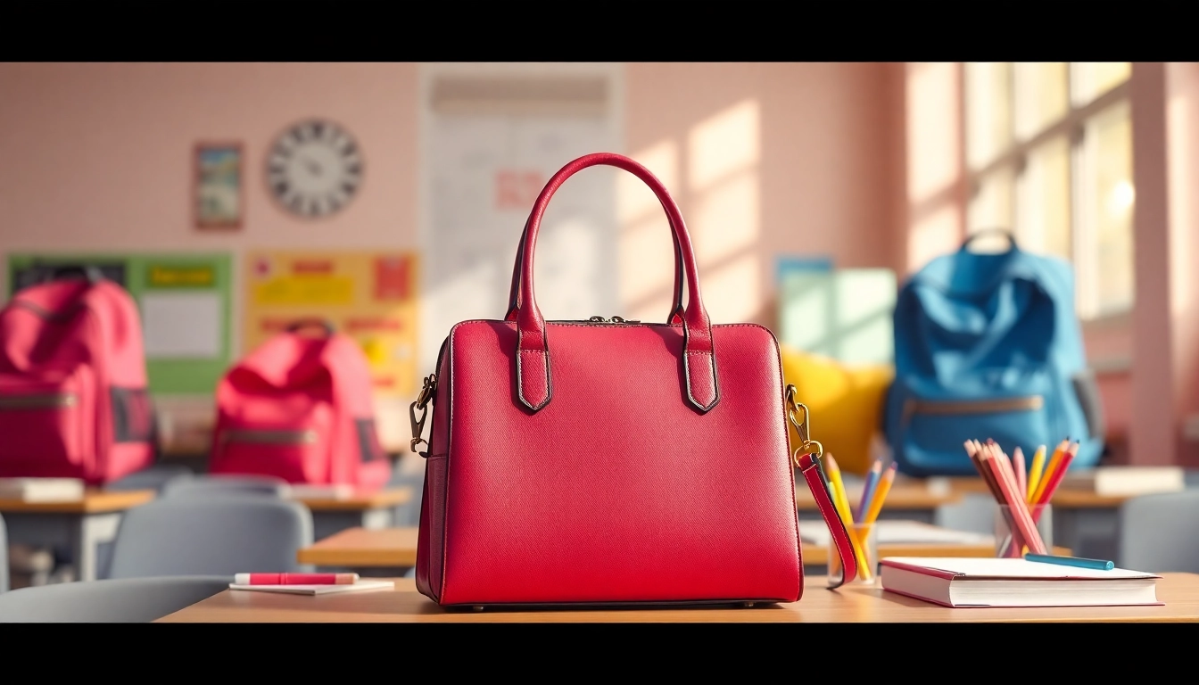 Handtasche für Schulen in einer belebten Klassenzimmerumgebung, praktisch und farbenfroh.